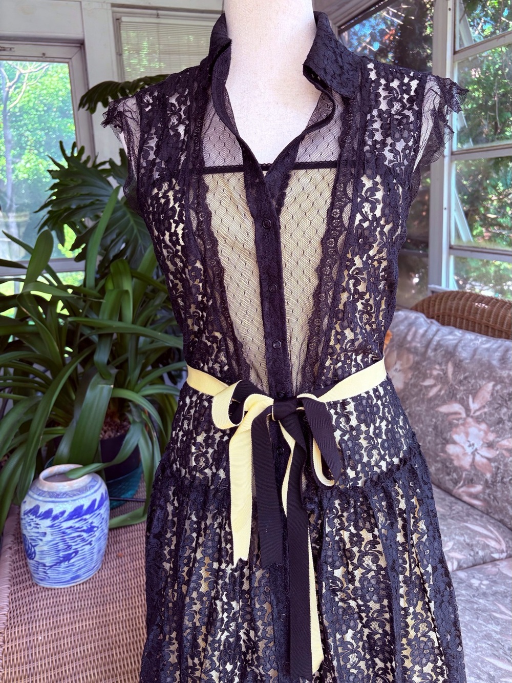 Designer Black Sheer Lace Midi Dress with Pale Yellow and black ribbon belt